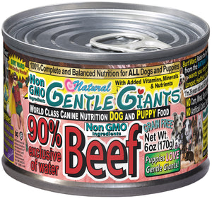 6 oz. Gentle Giants 'Quality of Life' 90% Beef -<br>Canned Dog and Puppy Food<br>Natural, Non GMO Ingredients<br>