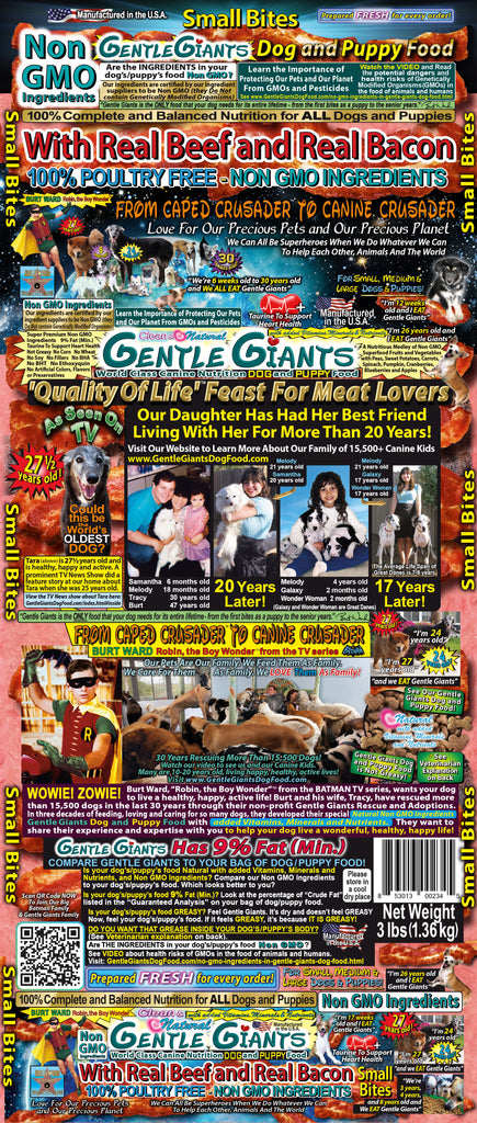 3 lb. Small Bites - Gentle Giants 'Quality of Life' Feast for Meat Lovers - with Real Beef & Real Bacon -<br>Dog and Puppy Food<br>Natural, Non GMO Ingredients