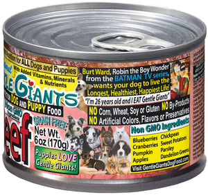 6 oz. Gentle Giants 'Quality of Life' 90% Beef -<br>Canned Dog and Puppy Food<br>Natural, Non GMO Ingredients<br>