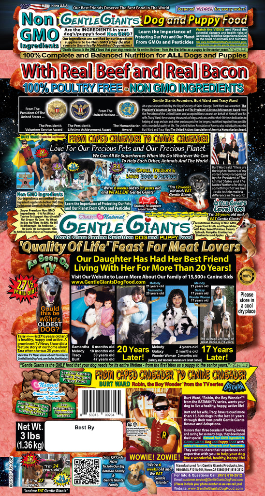 3 lb. Beef & Bacon - Gentle Giants 'Quality of Life' Feast for Meat Lovers - with Real Beef & Real Bacon -<br>Dog and Puppy Food<br>Natural, Non GMO Ingredients