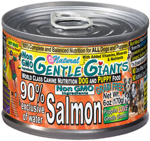 6 oz. Gentle Giants 'Quality of Life' 90% Salmon -<br>Canned Dog and Puppy Food<br>Natural, Non GMO Ingredients<br>