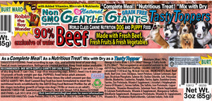 3 oz. Gentle Giants 'Quality of Life' 90% Beef -<br>Canned Dog and Puppy Food<br>Natural, Non GMO Ingredients<br>